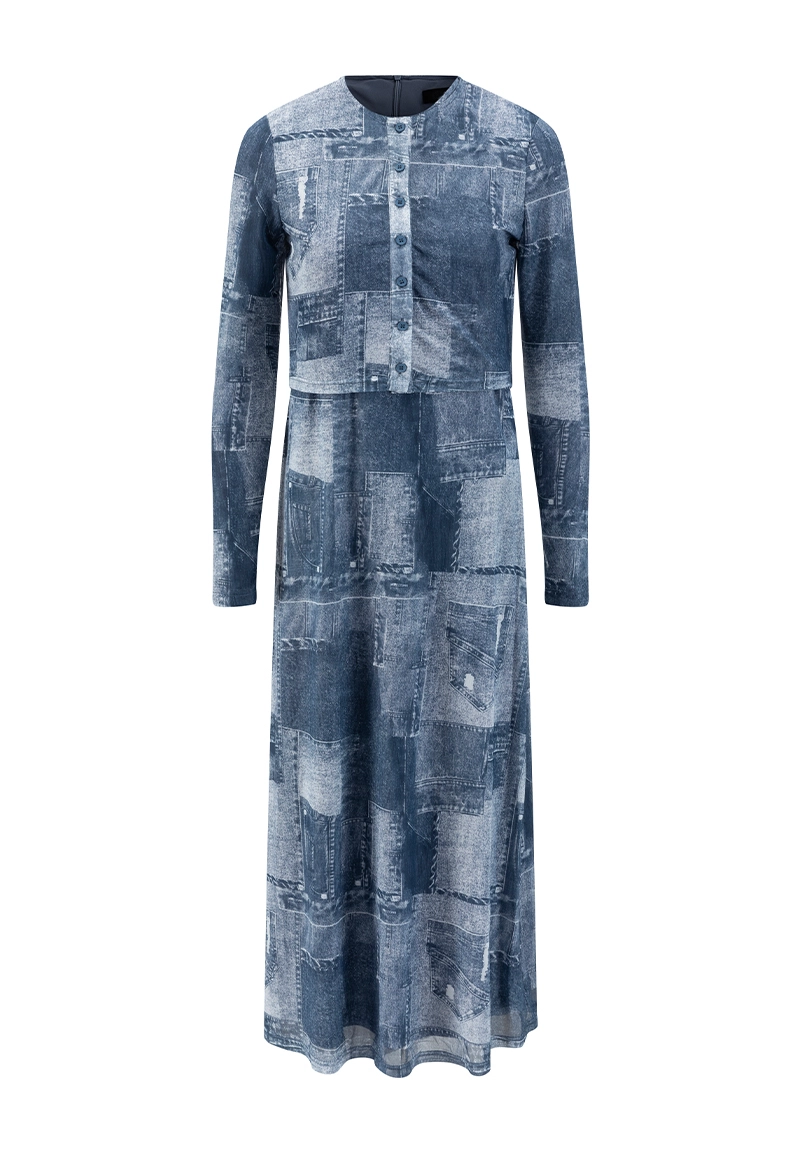 Women's Two-in-One Long Sleeve Denim Patchwork Print Maxi Dress Vepeen Apparel 1