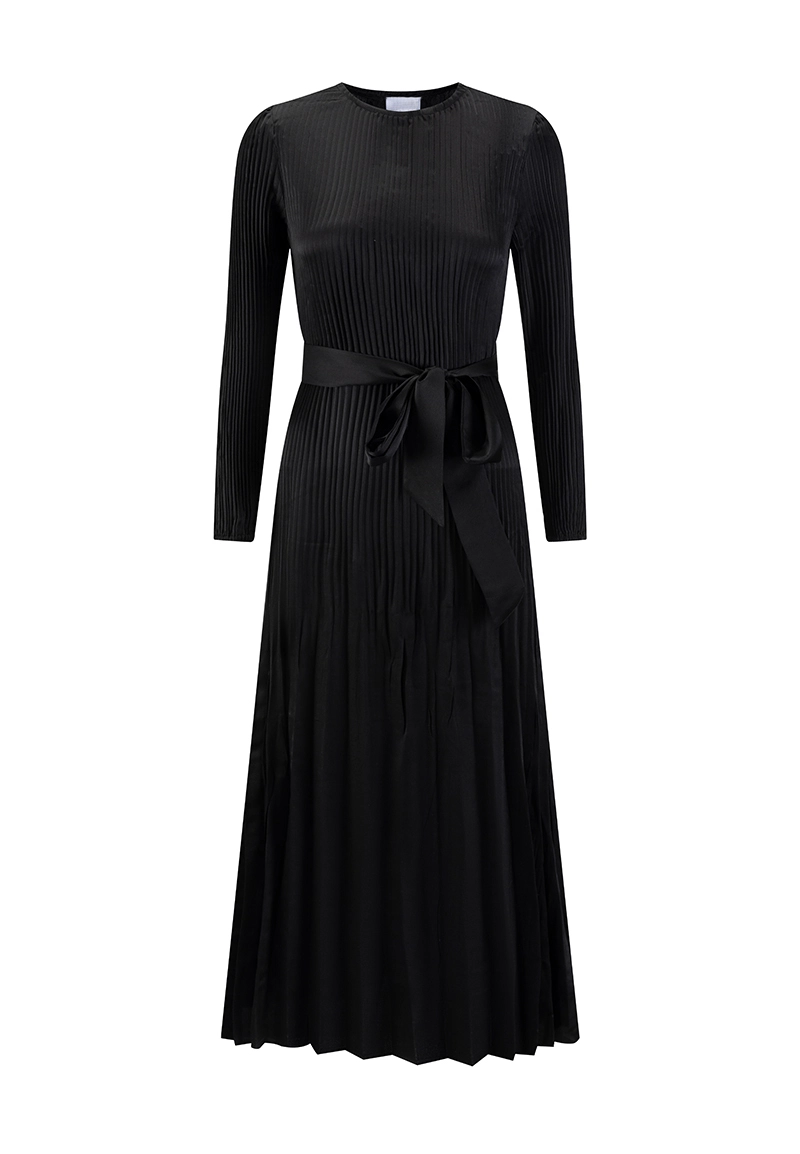 Women's Round Neck Long Sleeve Pleated Maxi Dress with Satin Belt Vepeen Apparel 1