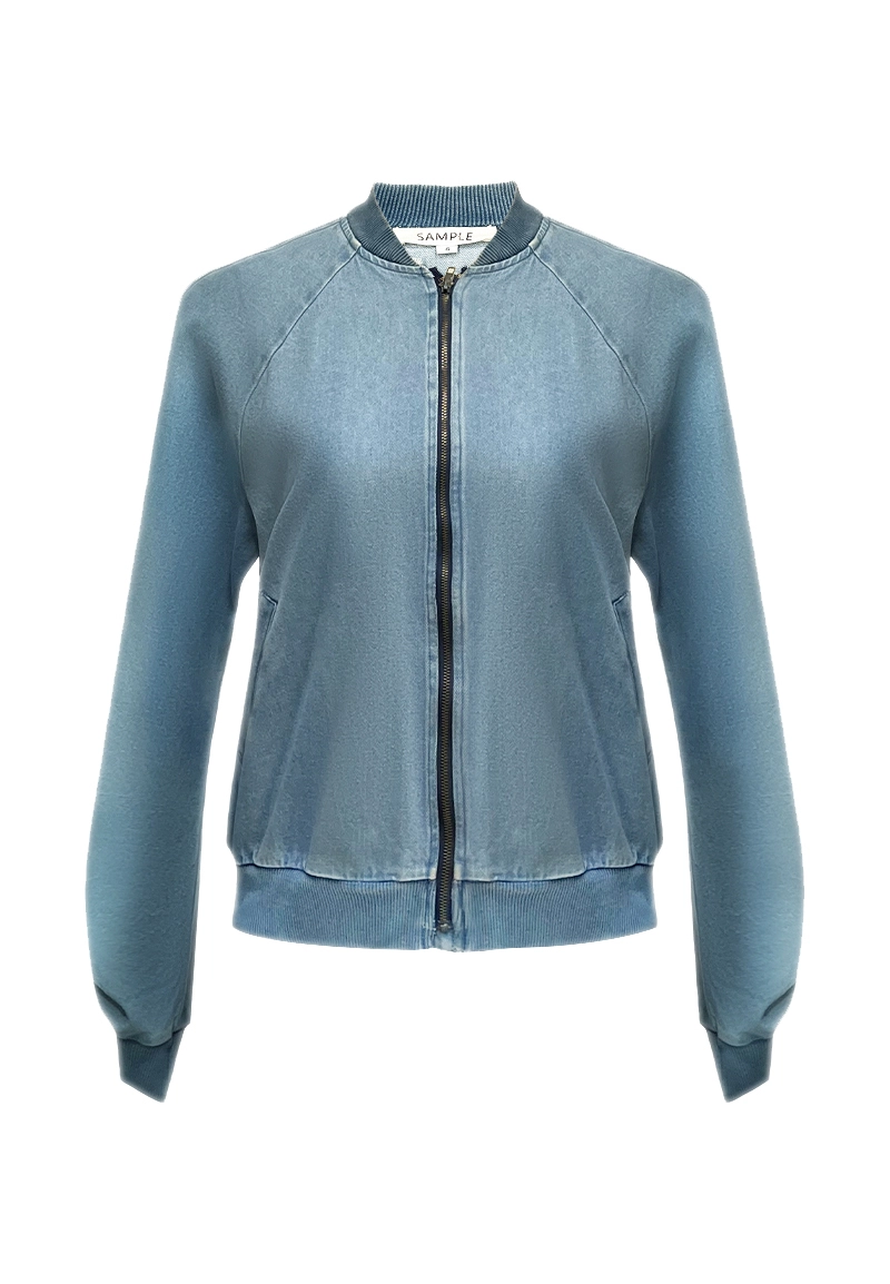Women's Washed Denim-Look Ribbed Collar Zip-Up Bomber Jacket Vepeen Apparel-1775029975041857 1