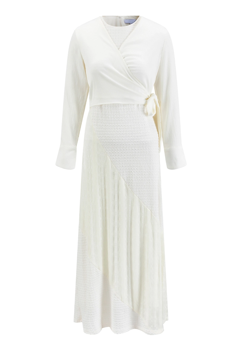 Women's Long Sleeve Wrap Tie Waist Patchwork Textured Maxi Dress Vepeen Apparel 1