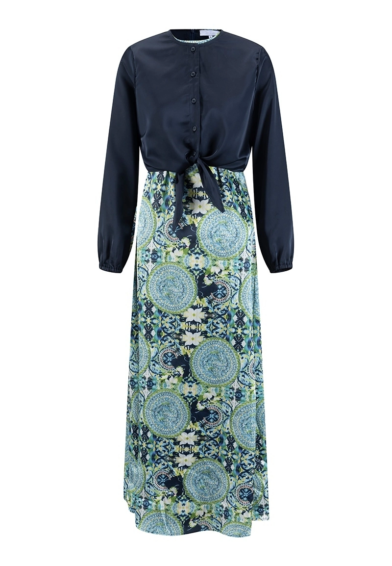 Women's Two-Piece Long Sleeve Tie-Waist Mandarin Collar Printed Maxi Dress Vepeen Apparel 1