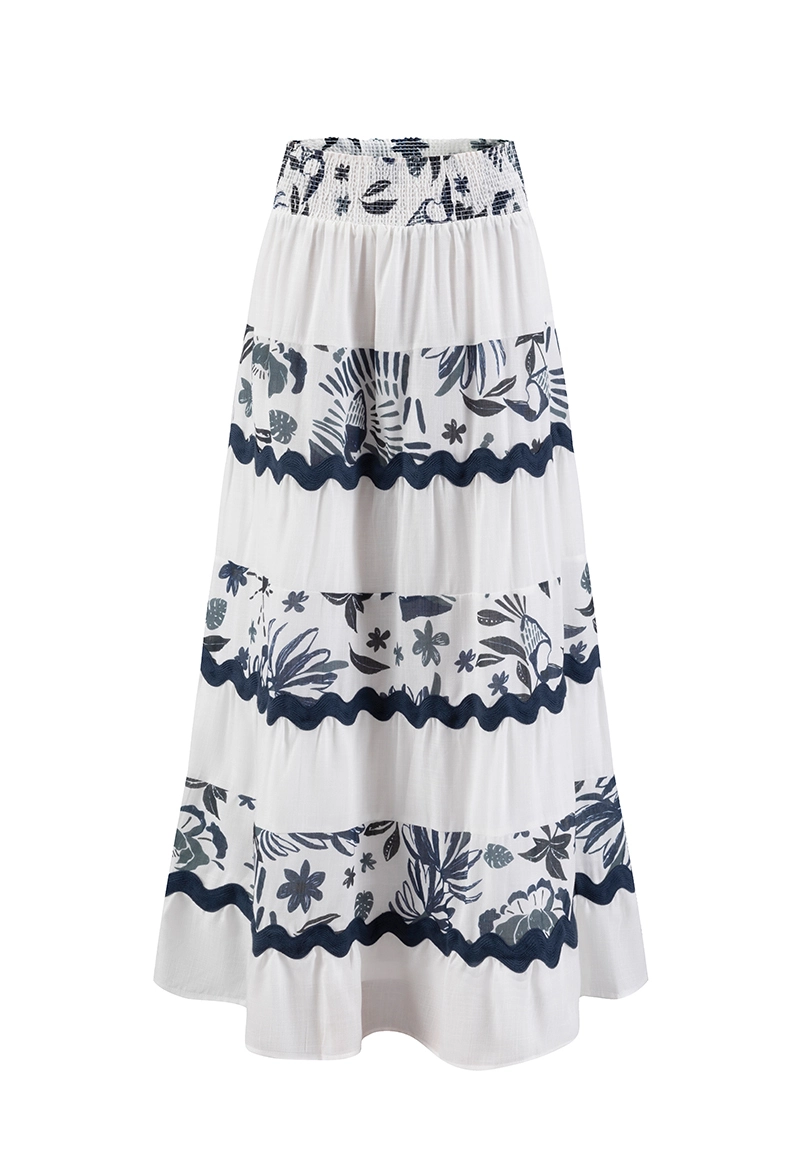 Women's Smocked Waist Tiered Maxi Skirt with Tropical Print & Ricrac Trim Vepeen Apparel 1