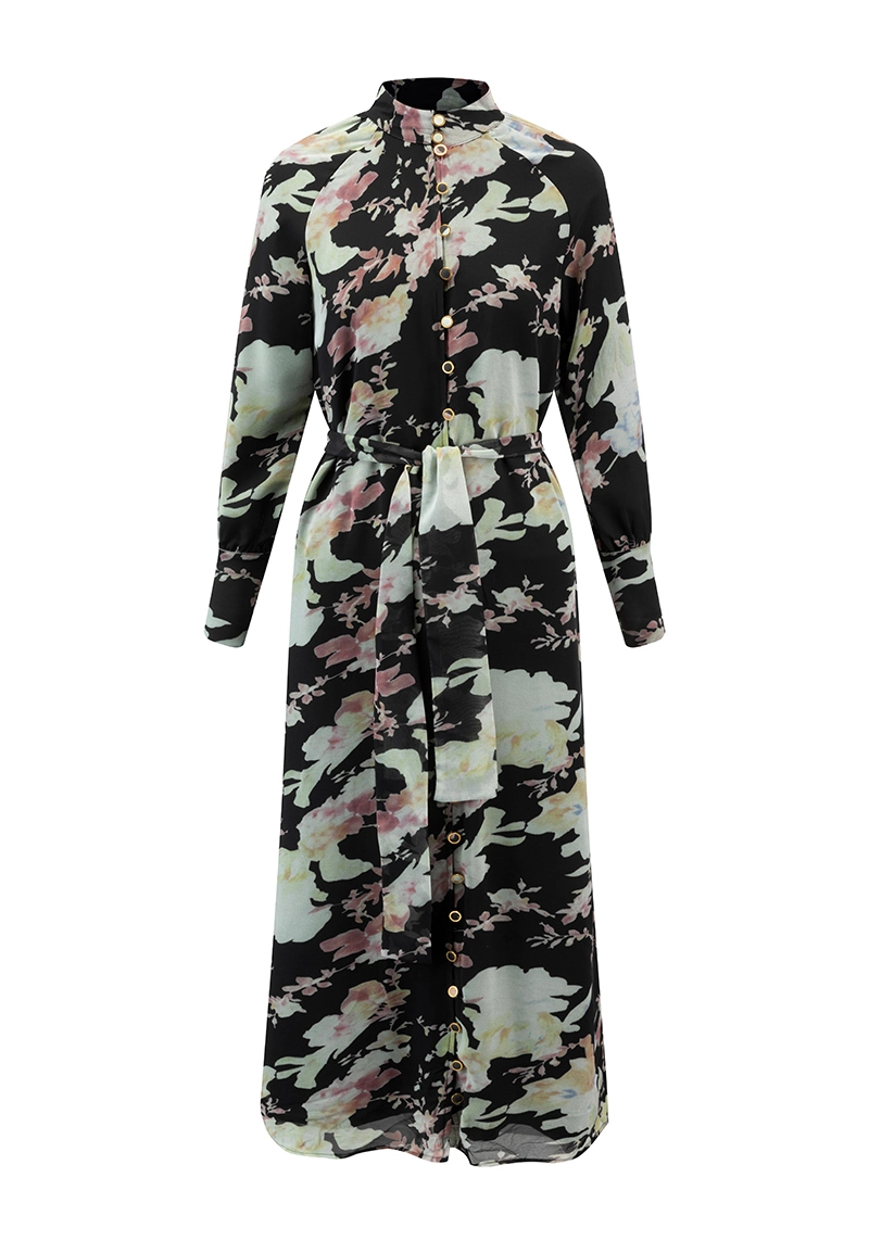 Women Watercolor Floral Print Collar Shirt Dress with Self-Tie Waist Vepeen Apparel 1