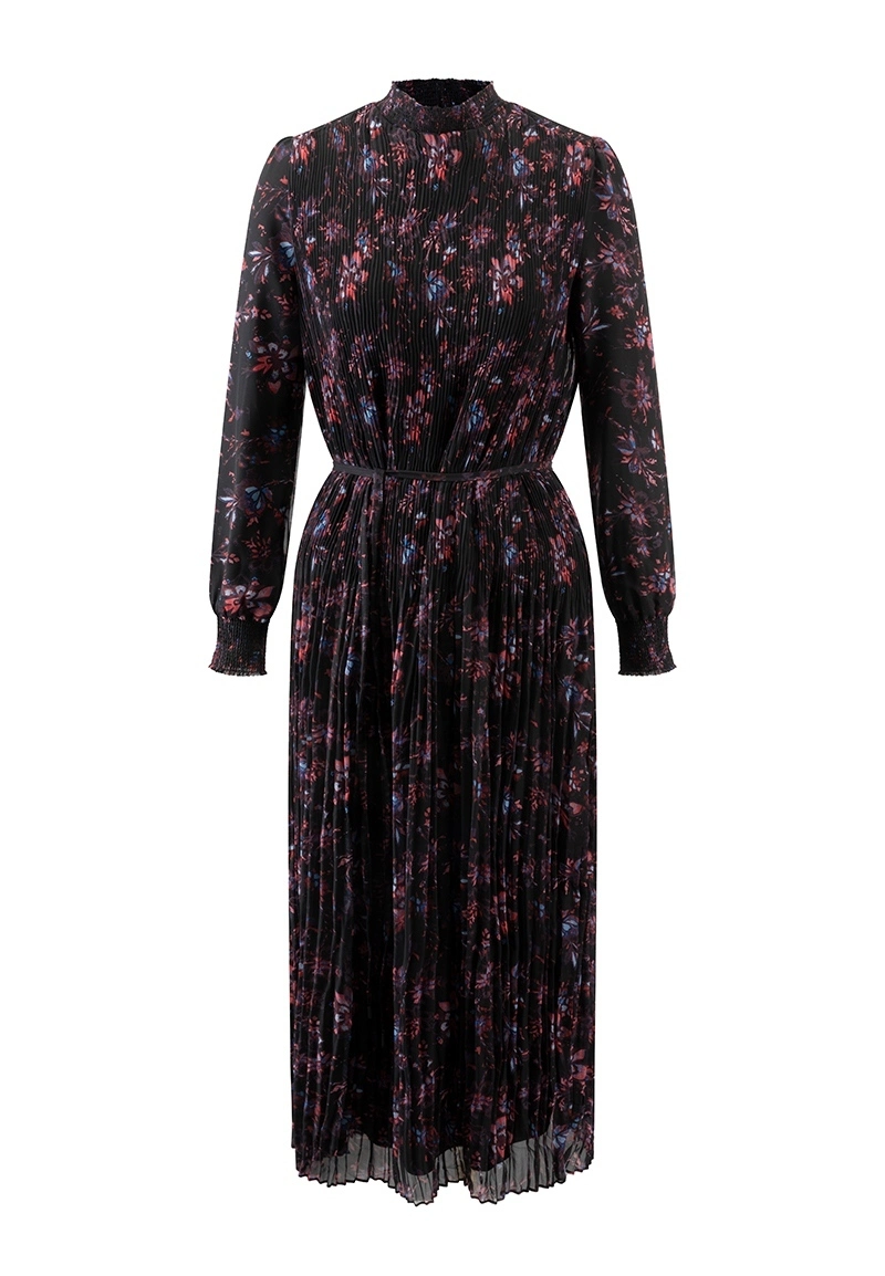 Women Black Floral Print Pleated Dresses with Smocking Details Vepeen Apparel 1