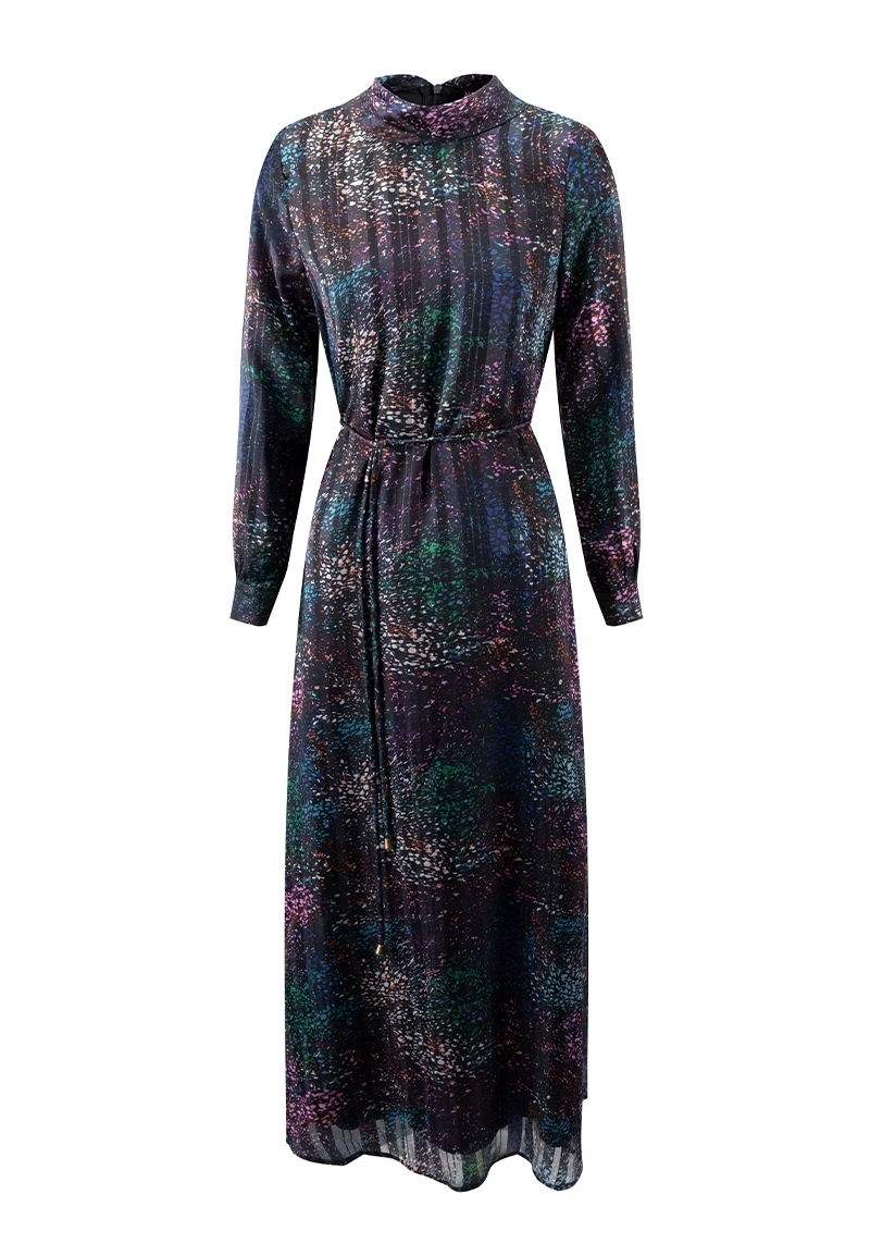 Women Elegant Black Iridescent Speckle Print Dresses with Collar And Tie Back Vepeen Apparel 1