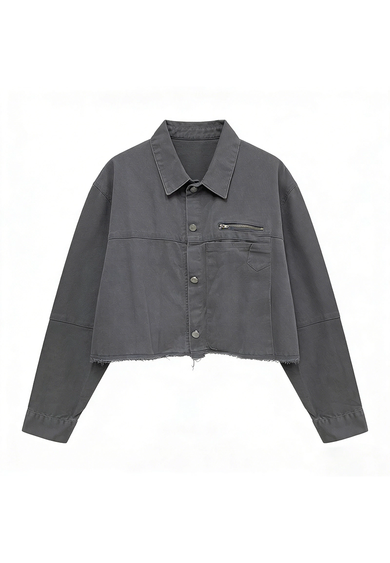 Women's Grey Twill Frayed Hem Cropped Jacket Vepeen Apparel 1