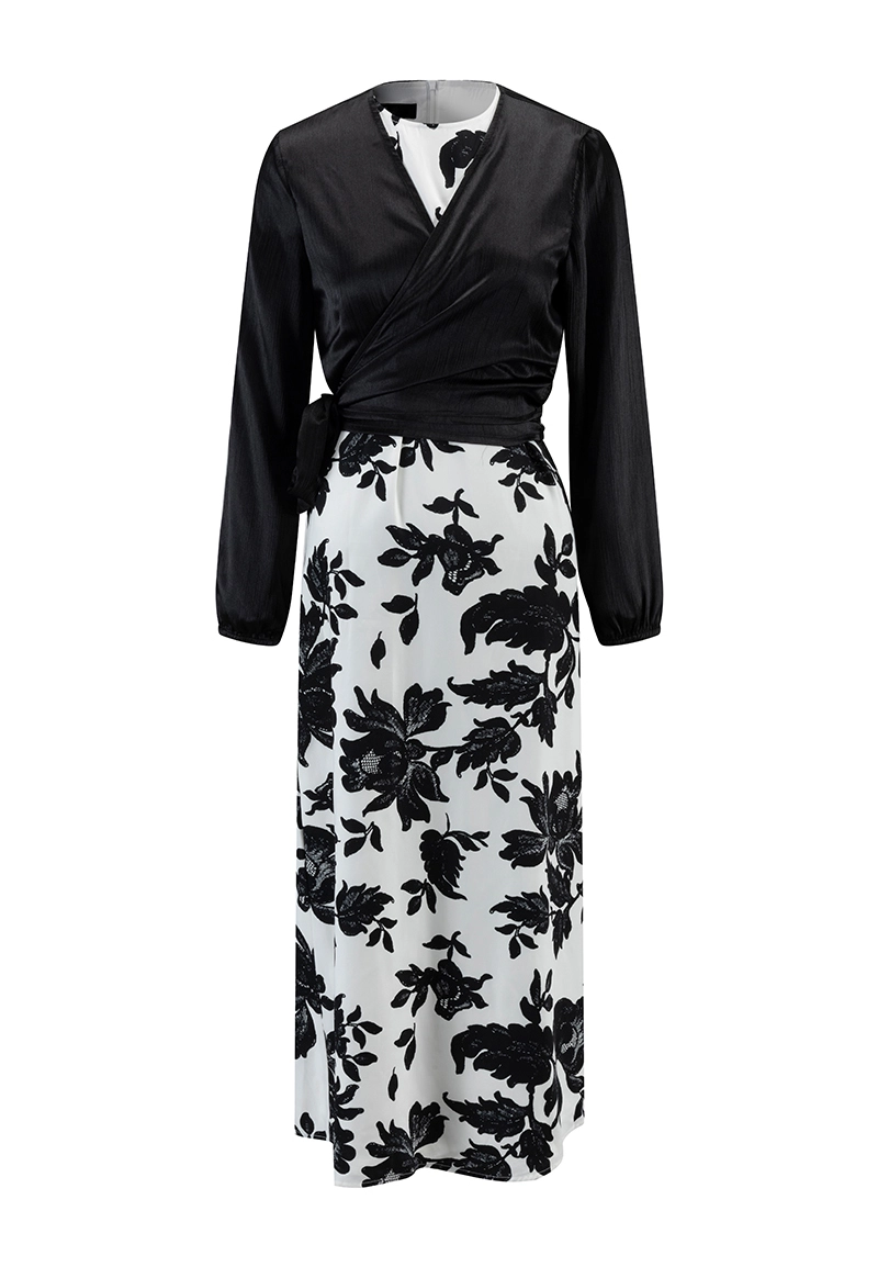 エレガントな黒と白の花柄サテンマキシドレス（長袖）Vepeen Apparel 1