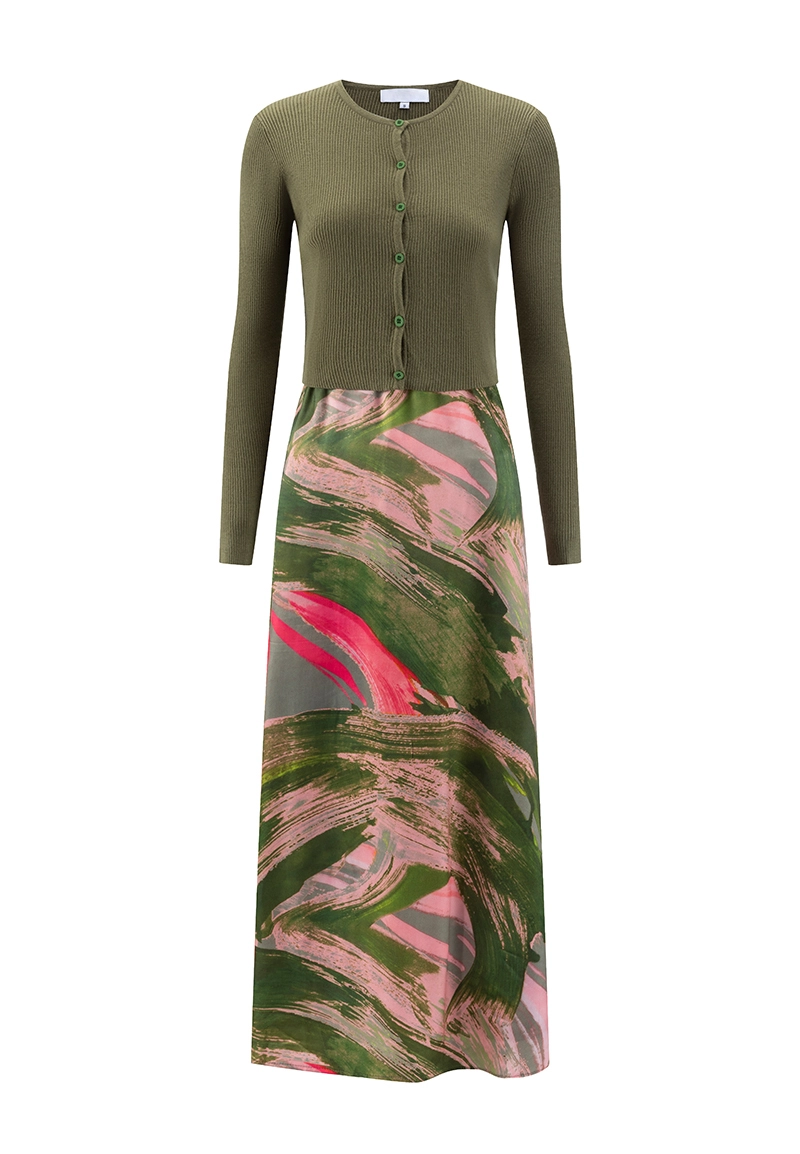 Abstract Brushstroke Print 2-in-1 Maxi Dress for Women, Elegant Olive Green Knit Cardigan & Flowy Long Skirt Set Vepeen Apparel 1