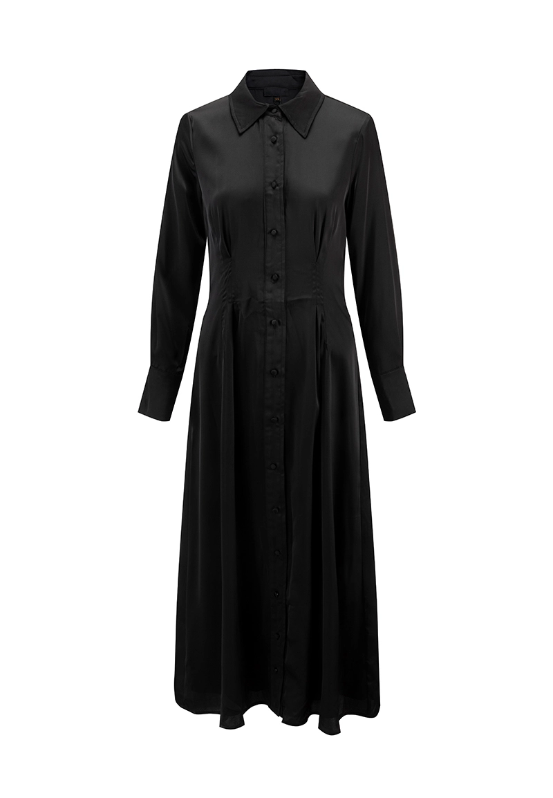 Women's Black Satin Shirt Dress – Long Sleeve Button Down Midi Dress Vepeen Apparel 1