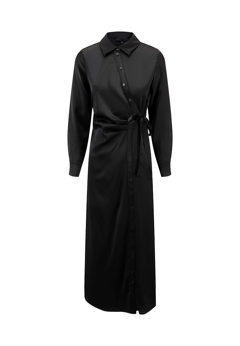 Women's Black Satin Wrap Shirt Maxi Dress with Adjustable Waist Tie Vepeen Apparel 1