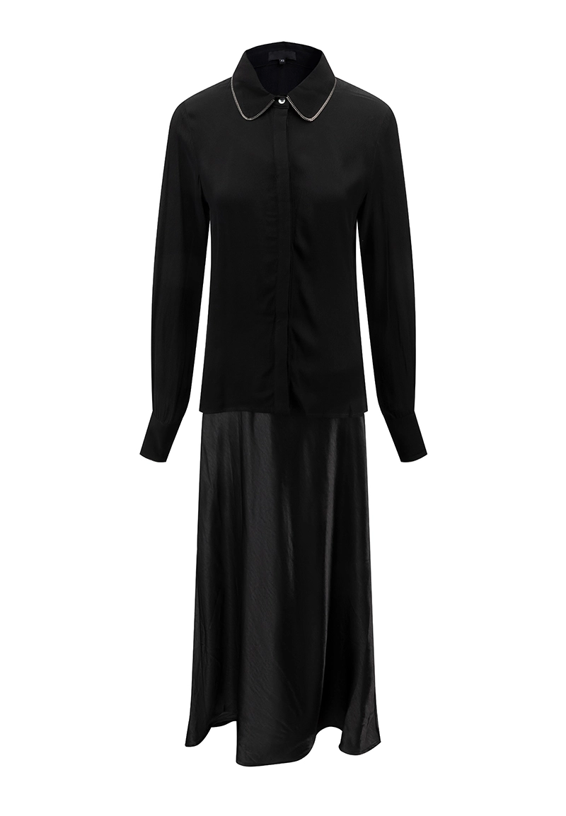 Women's Elegant Black Satin 2 Piece Shirt & Maxi Skirt Set Vepeen Apparel 1
