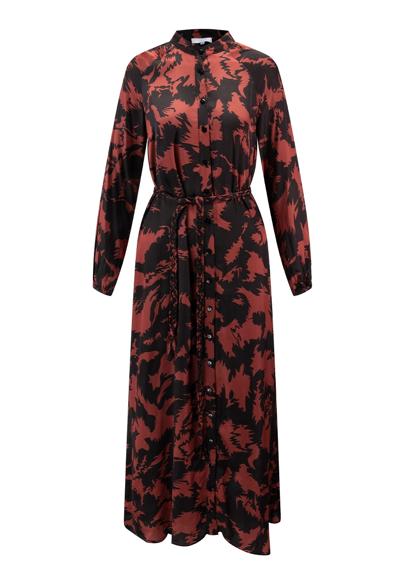 High Quality Black & Red Abstract Print Maxi Shirt Dress With Belt Vepeen Apparel 1