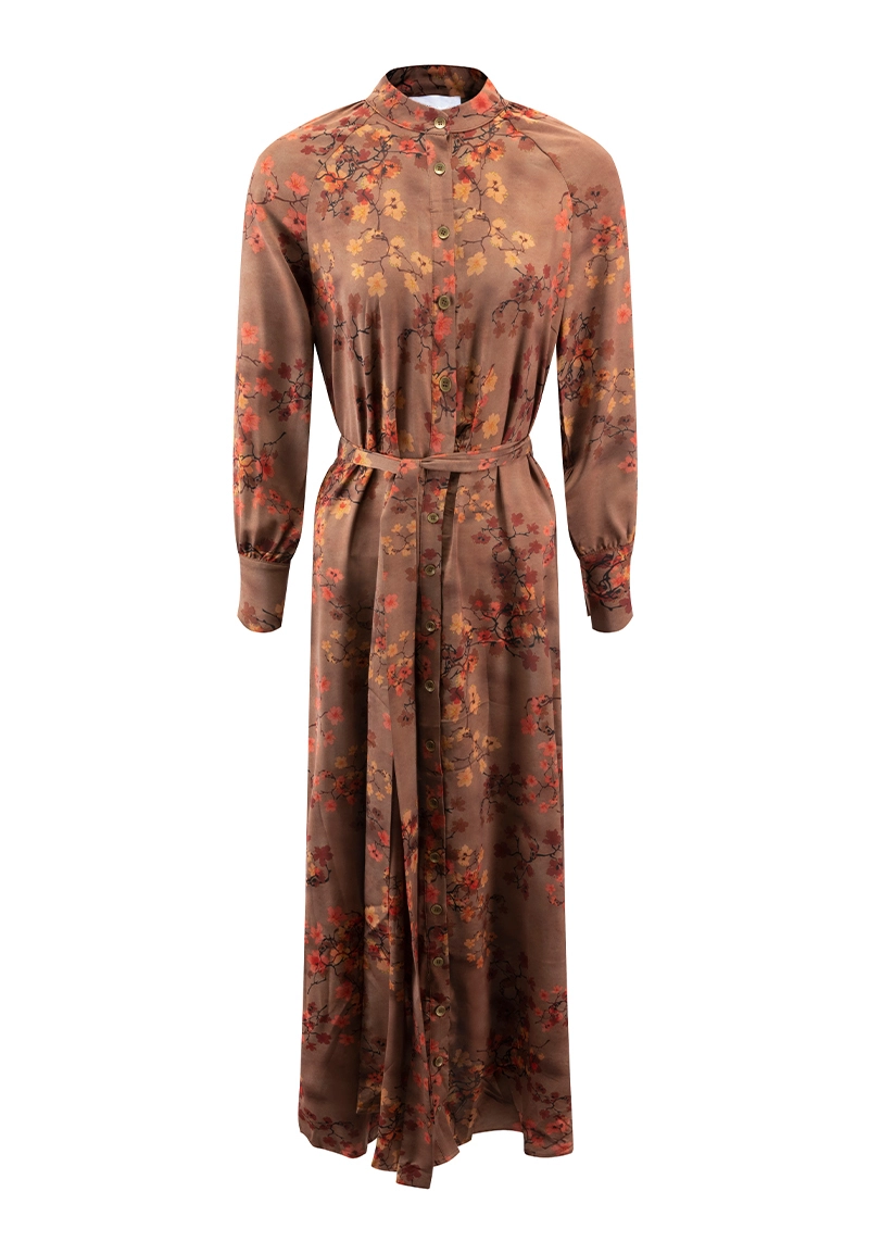 Pastel Color Floral Print Stand Neck Maxi Shirt Dress Vepeen Apparel 1