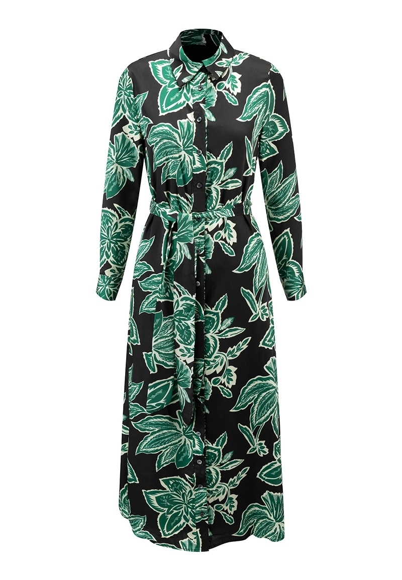 Women's Green Leaf Print Long Sleeve Maxi Shirt Dress with Belt Vepeen Apparel 1