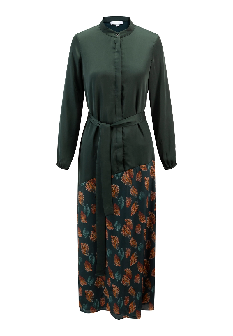 Women's Long Sleeve Button-Up Maxi Dress, Dark Green Leaf Print Patchwork with Waist Tie Vepeen Apparel 1