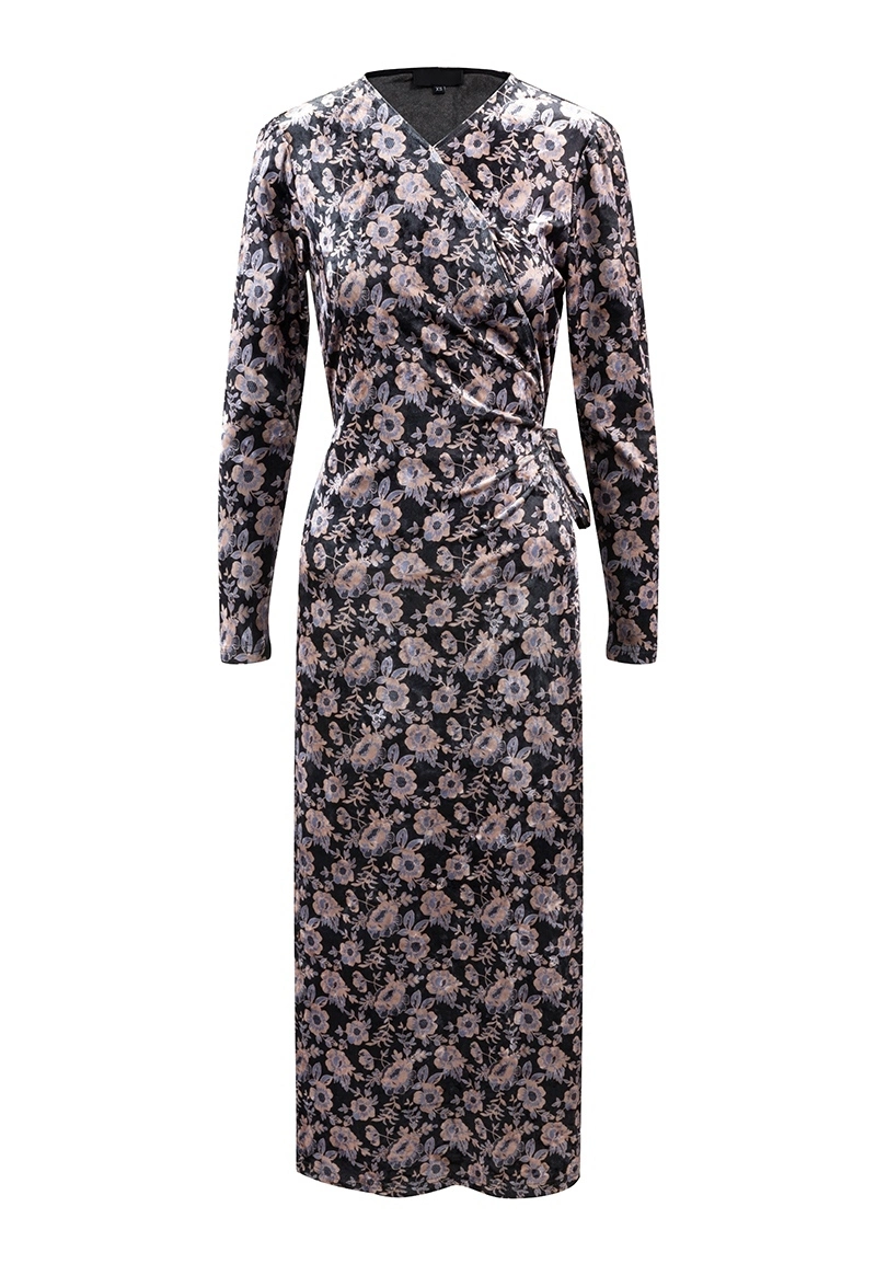 Vintage Women's Floral Print Velvet Wrap Midi Dress, Long Sleeve Party Dress Vepeen Apparel 1
