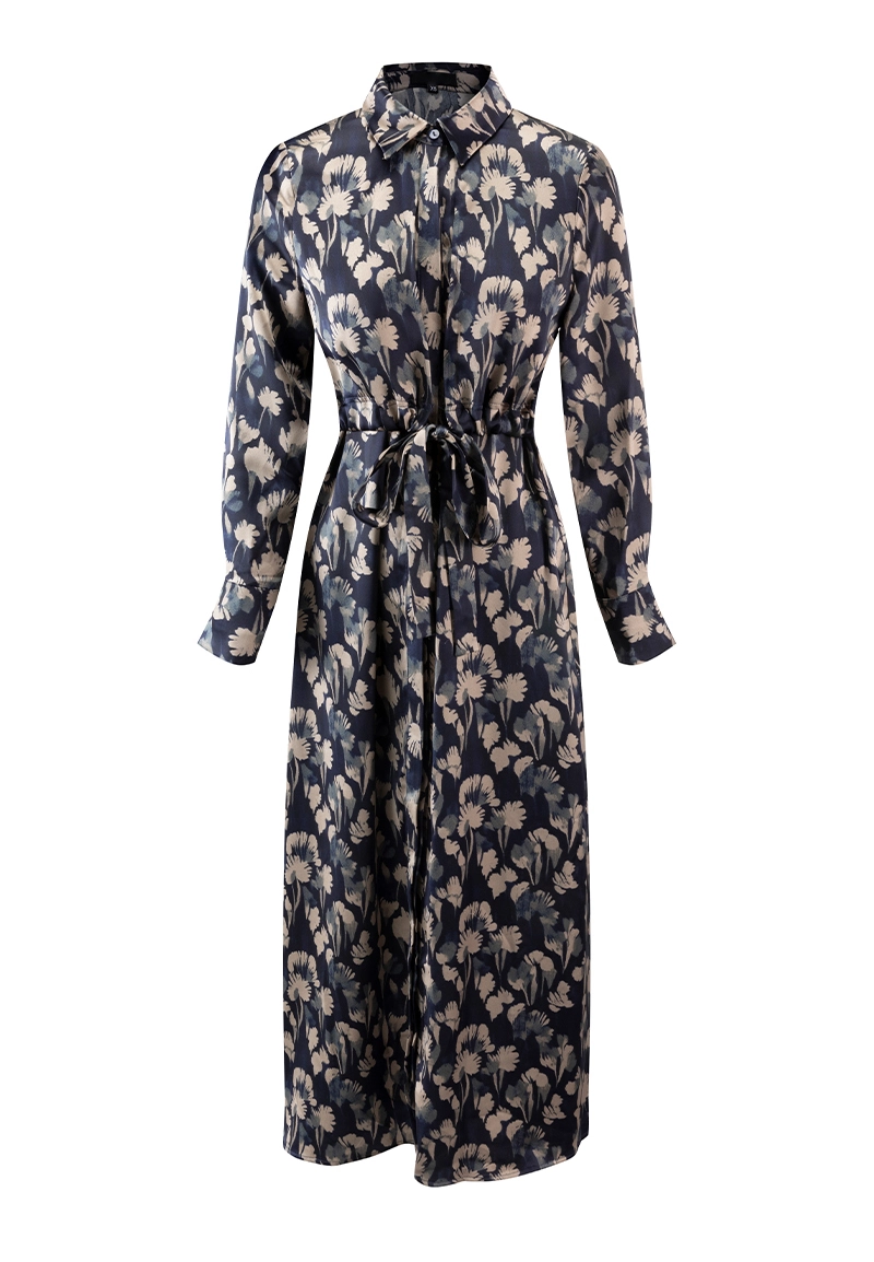 Elegant Dark Floral Satin Shirt Midi Dress Long Sleeve Belted Work Wear Vepeen Apparel 1