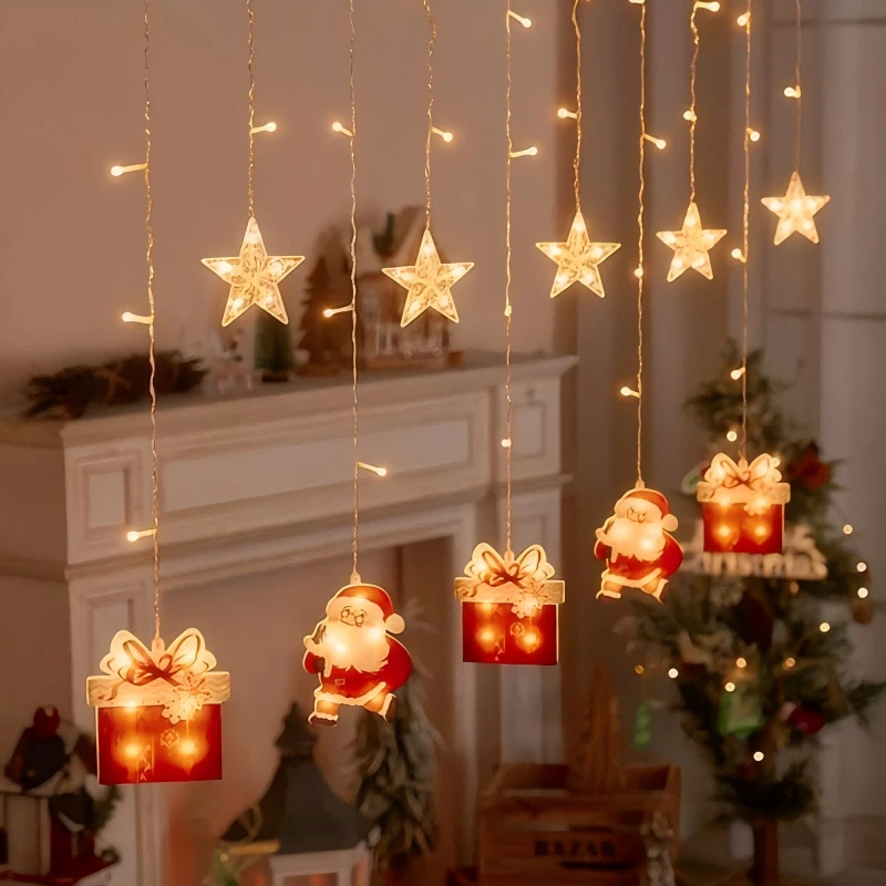 Christmas Decoration LED Curtain Light With Santa Claus Snowflake Snowman Star Graphics String Light 1