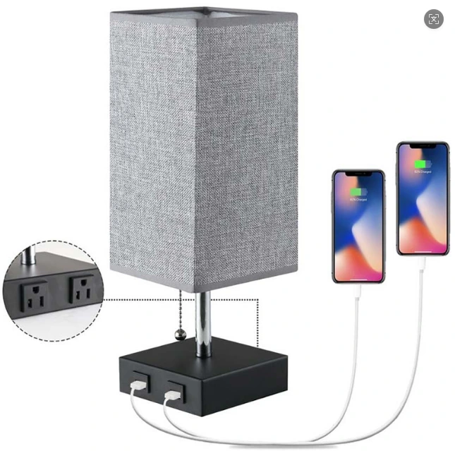 USB Charging Fabric Shade Table Lamp American Minimalist Modern Square Bedside Lamp 1