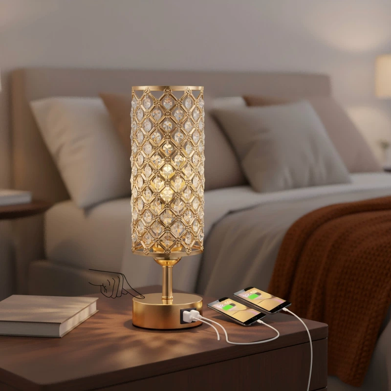 Touch Control Bedside Nightstand Gold Crystal Table Lamp With 2 USB Ports 1