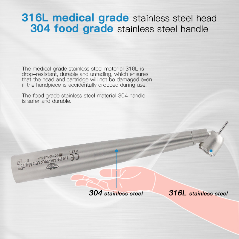 HSTH-AIR-18KK 304 Stainless Steel Dental 45 Degree Led High Speed Handpiece 4