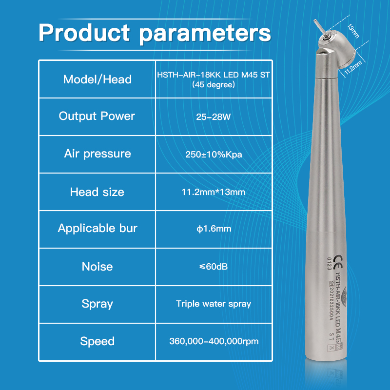 HSTH-AIR-18KK 304 Stainless Steel Dental 45 Degree Led High Speed Handpiece 6