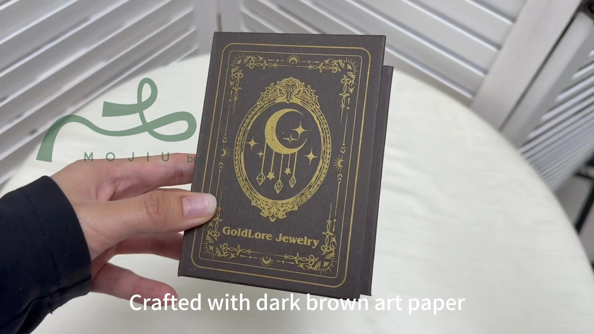 Vintage Spellbook Flip Jewelry Box Gold Foil Dark Brown Art Paper Unboxing Ritual Jewelry Packaging Mojiu Packaging 1