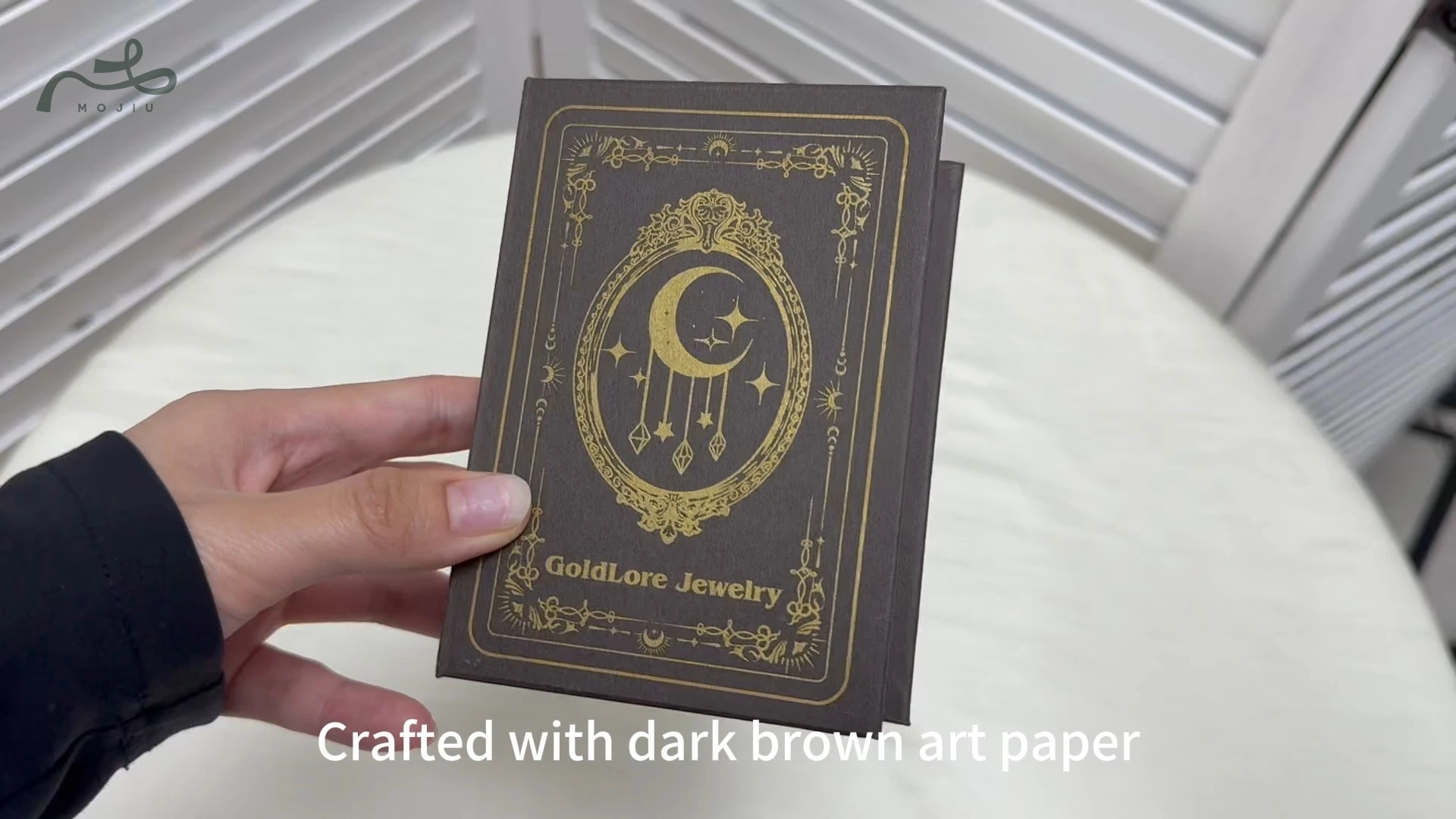 Vintage Spellbook Flip Jewelry Box Gold Foil Dark Brown Art Paper Unboxing Ritual Jewelry Packaging Mojiu Packaging 1