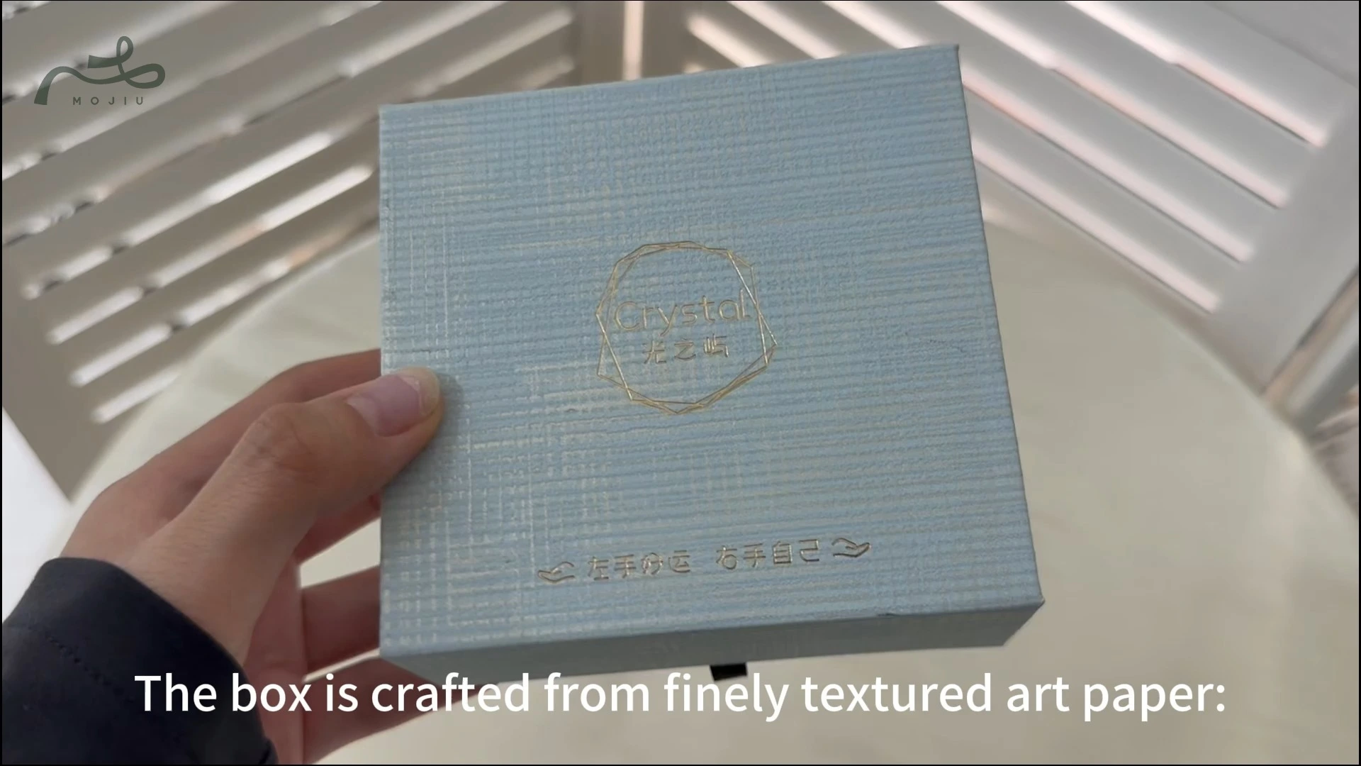 Light Blue Textured Art Paper Jewelry Box Subtle Gold Thread Satin Lining Flip Top Magnetic Closure Mojiu Packaging 1