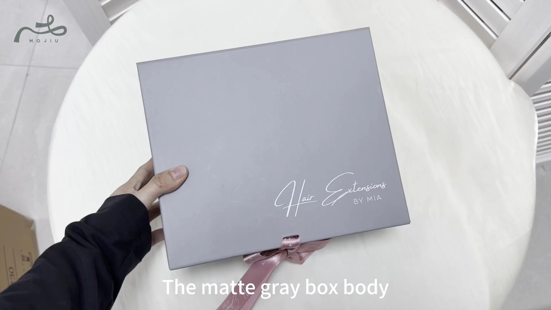 Luxury Foldable Box: Matte Gray Pink Satin Ribbon Custom Brand Visual Premium Gift Display Mojiu Packaging 1