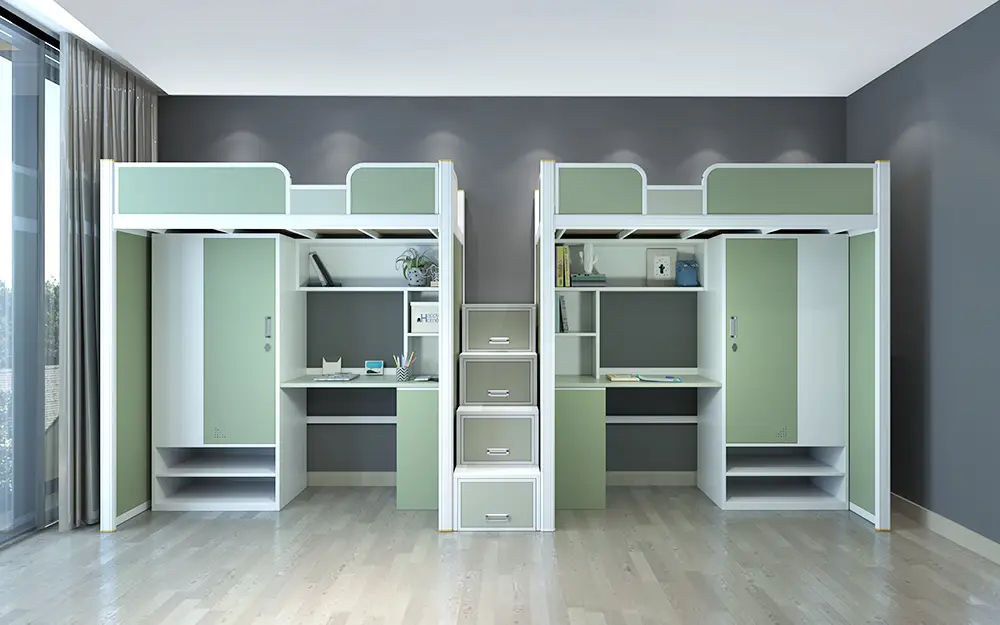 سرير مزدوج الوضعية متكامل: أثاث مصمم خصيصًا للمهاجع يجمع بين وظائف التخزين والدراسة والنوم 1