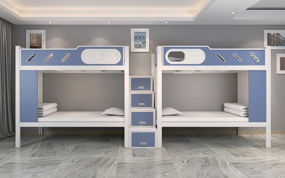 Blue-White Bunk Bed Dormitory Set - 4-Person Dorm Multi-Functional Bunk Bed with Storage Drawers 1