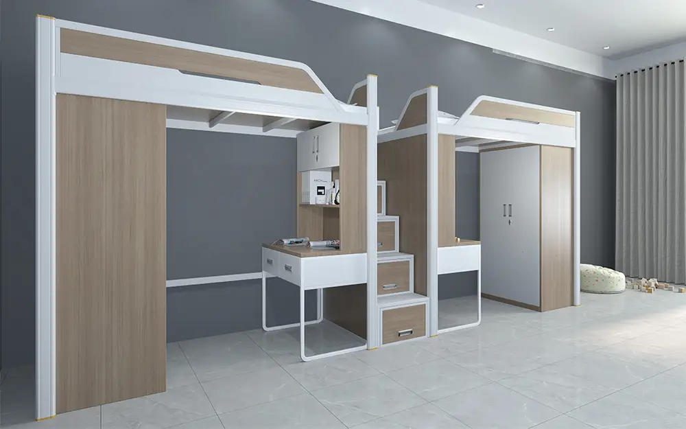 Dual-unit integrated dormitory combination bed with wardrobe, desk and drawers 1
