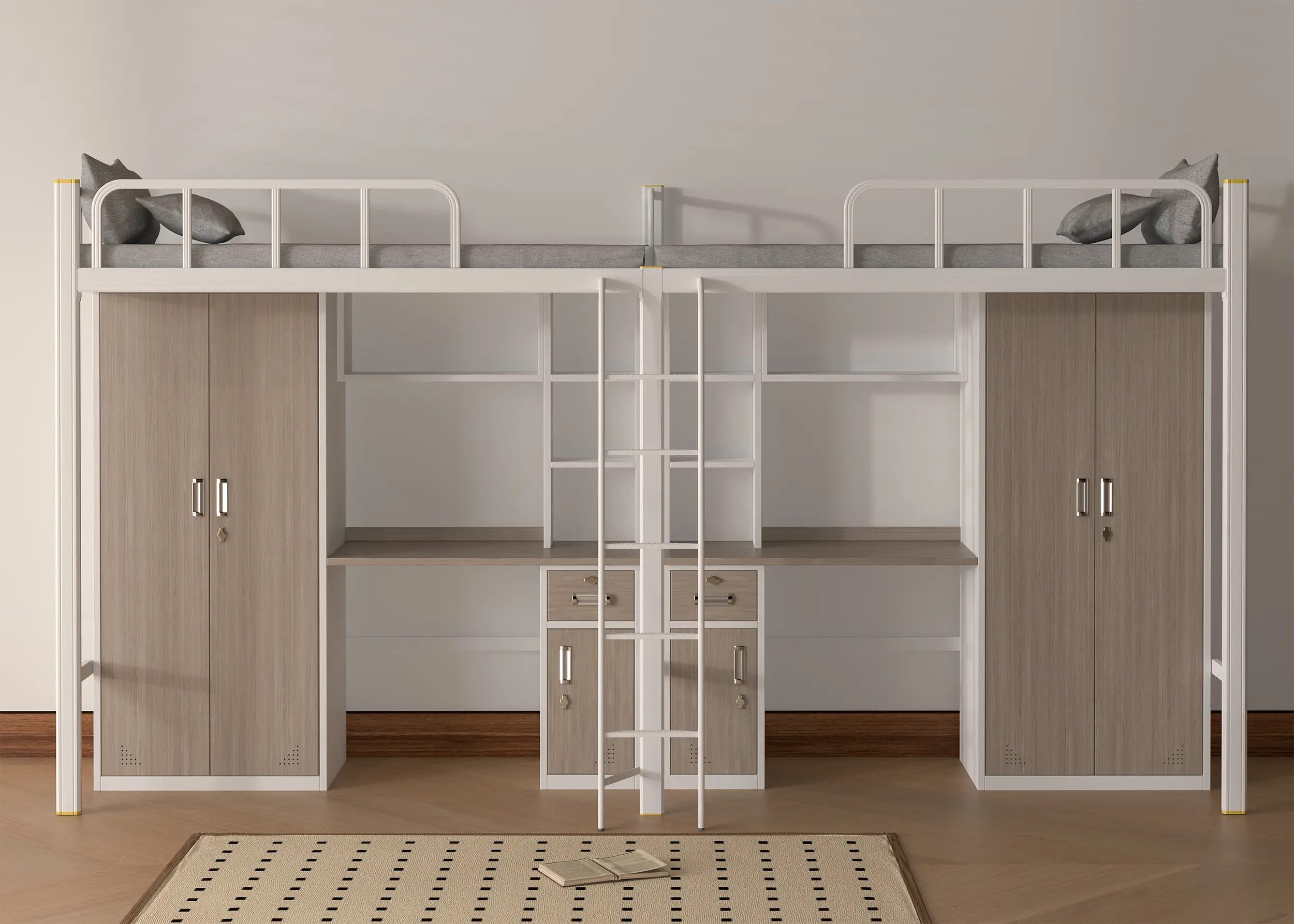Connected Loft Bed with Desk & Storage | Dormitory Bed with Flexible Ladder System 1