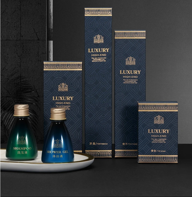 Luxury royal hotel bathroom anentity toiletries dark blue hotel shampoo with design manufacturers- Hanbi textile 1