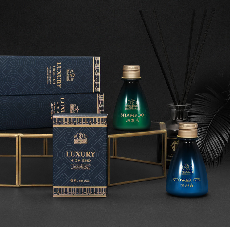 Luxury royal hotel bathroom anentity toiletries dark blue hotel shampoo with design manufacturers- Hanbi textile 9