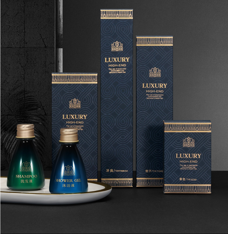 Luxury royal hotel bathroom anentity toiletries dark blue hotel shampoo with design manufacturers- Hanbi textile 8
