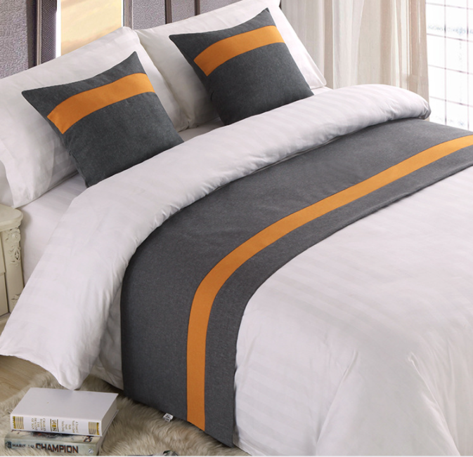 Simple style high end stain bed cover grey & orange assorted colors hotel motel room bed runner with pillowcase 6