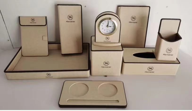 Custom logo 12 pcs hotel leather sundries sets including trays tissue box PU leather goods 4