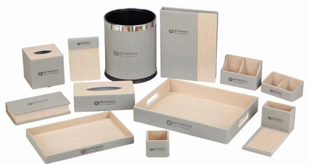 Customized logo hotel room leather sundries PU soft leather trays grey 12pcs leather set 1