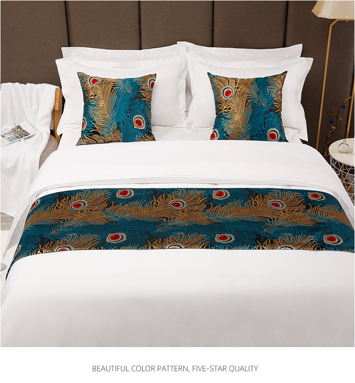 Hotel Room King Size Decorative Fabric Blue Feather Bed Runner 3