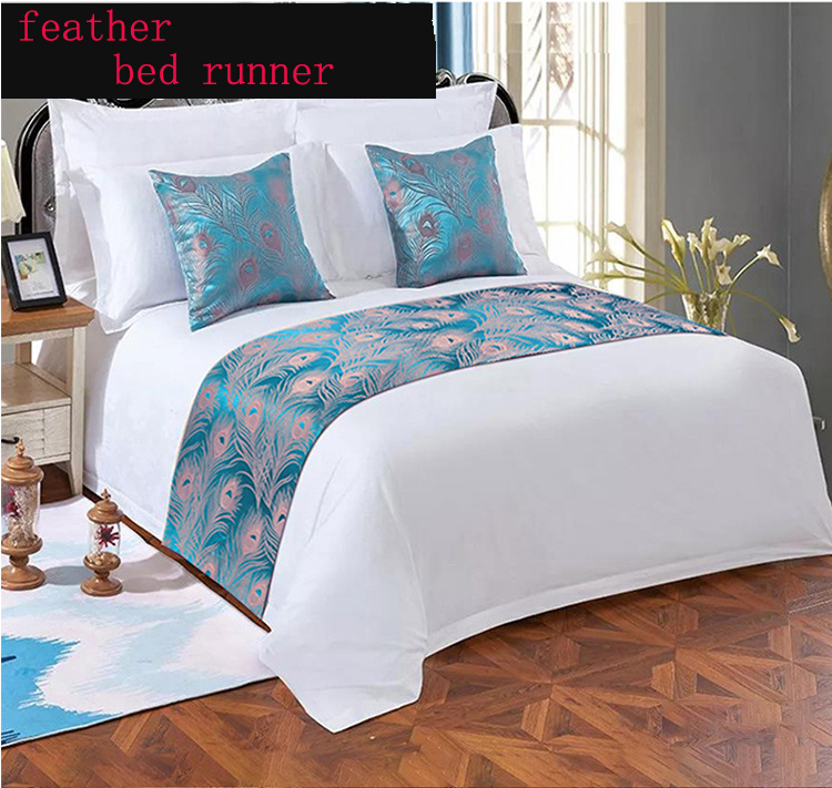 Hotel Room King Size Decorative Fabric Blue Feather Bed Runner 2