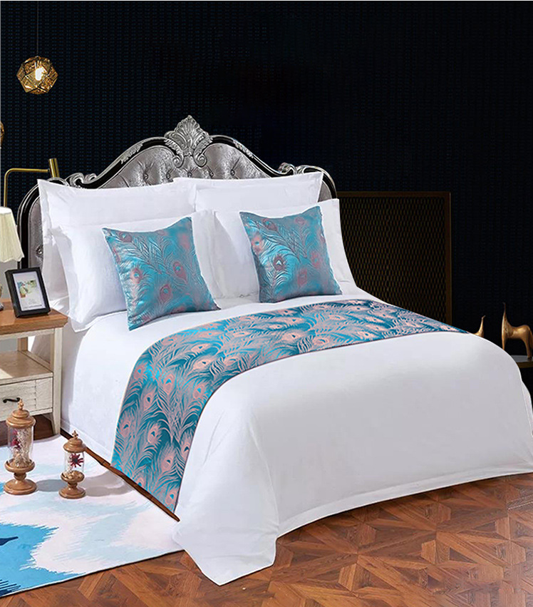 Hotel Room King Size Decorative Fabric Blue Feather Bed Runner 1
