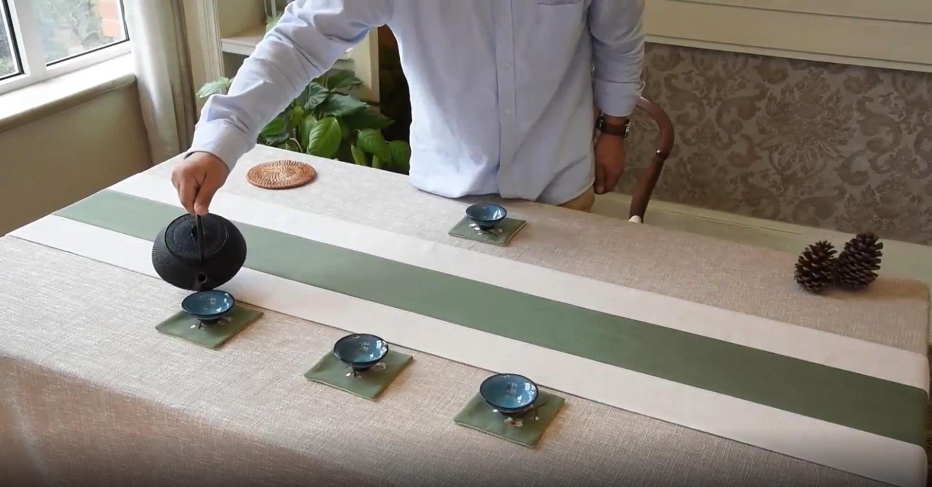 Long square table linen ornament light green & white tea table runner 1