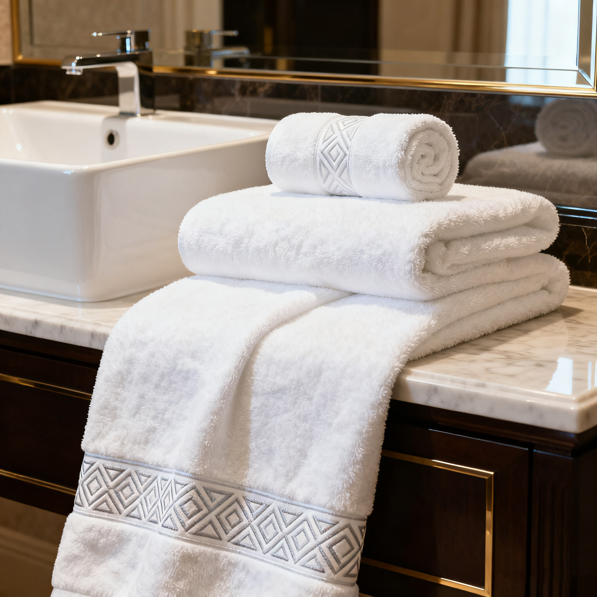 Luxury white cotton towels suitable for hotel bathroom use