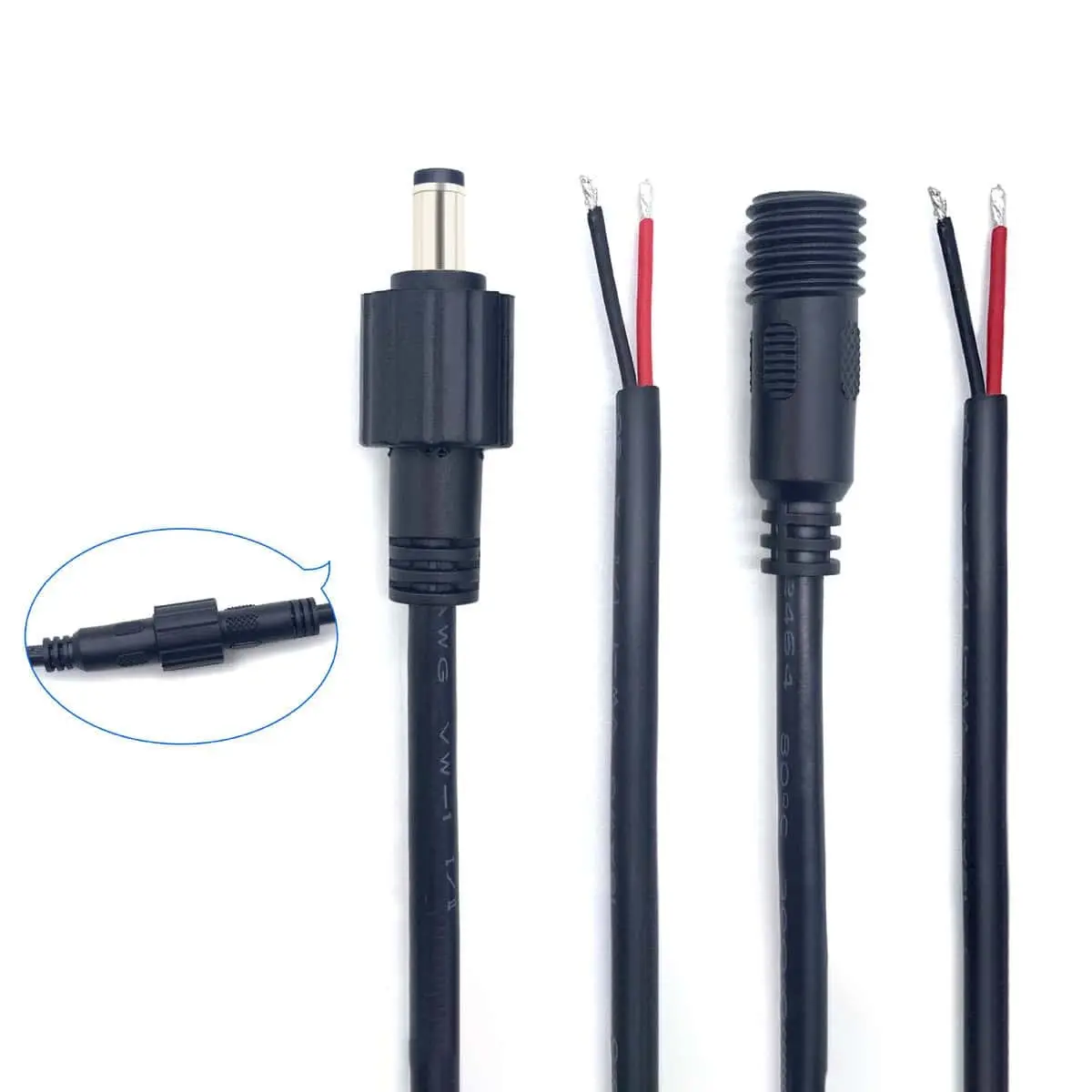 Cable de alimentación de extremo abierto con conector macho y hembra de CC de 5,5 x 2,1 mm a cable desnudo impermeable. 1