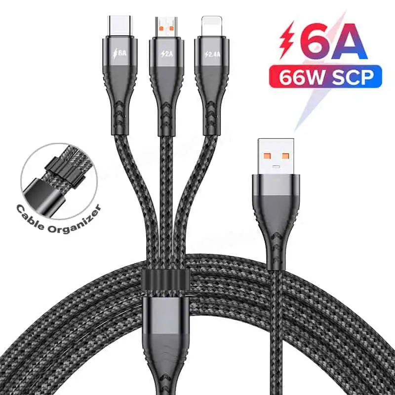 6A USB to Type C, lightning, Micro USB 3 in 1 Super Charger and data cable 1