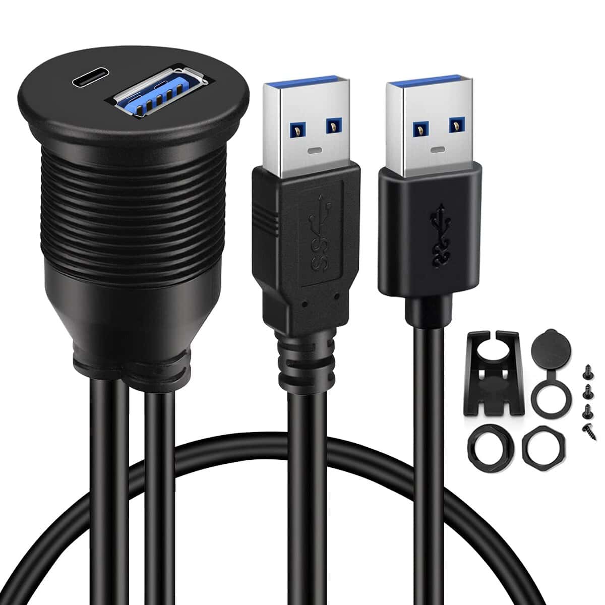 Dual USB Panel Mount USB 3.0 a to USB a USB C Car Cable