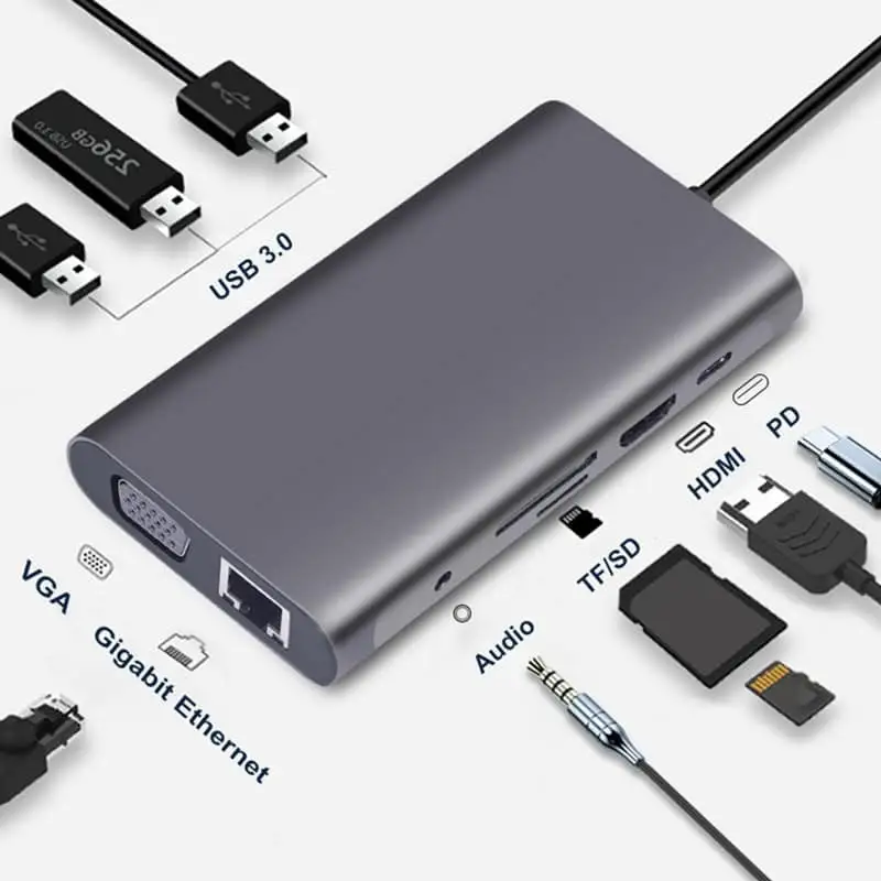 USB Type C 10 in 1 hub USB C to HDMI 3USB 3.0, Gigabit ethernet, VGA, SD, TF, audio, and PD adapter 1