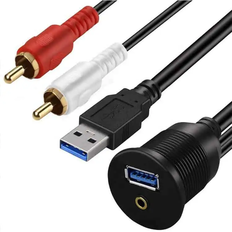 Panel Mount USB Port USB 3.0 A and 2RCA to 3.5mm Male to Female flush Car Waterproof Cable 1